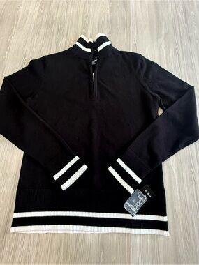 Rafaella Black Half-Zip Sweater with White Stripe Trim. NWT